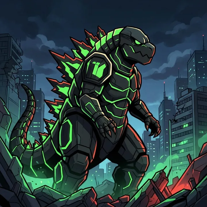 ODDSZILLA, a charcoal kaiju with glowing green seams, towering over a ruined city at night